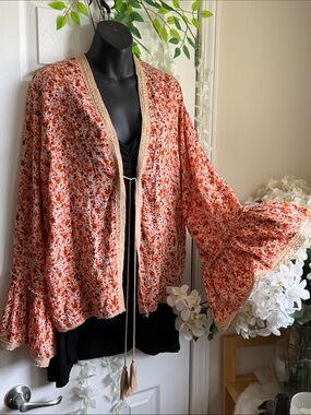 Nalini Kimono Blouse Open Front Tie Floral Bell Sleeve O/S Boho Orange/Pin
